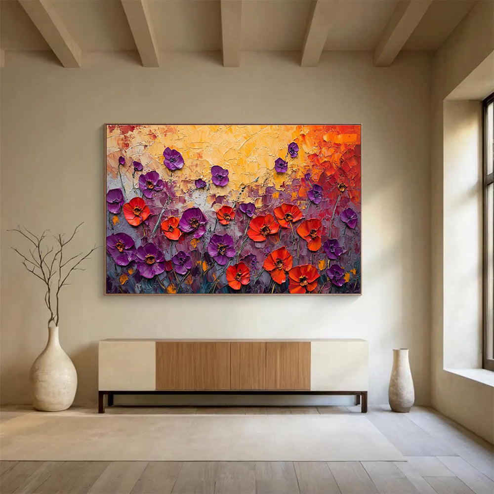 Textured Poppy Field - Purple, Red & Orange Floral Painting On Canvas DKH901