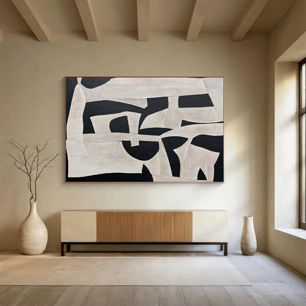 “Monochrome Geometric Shapes” Abstract Cubist Painting On Canvas DLZ093