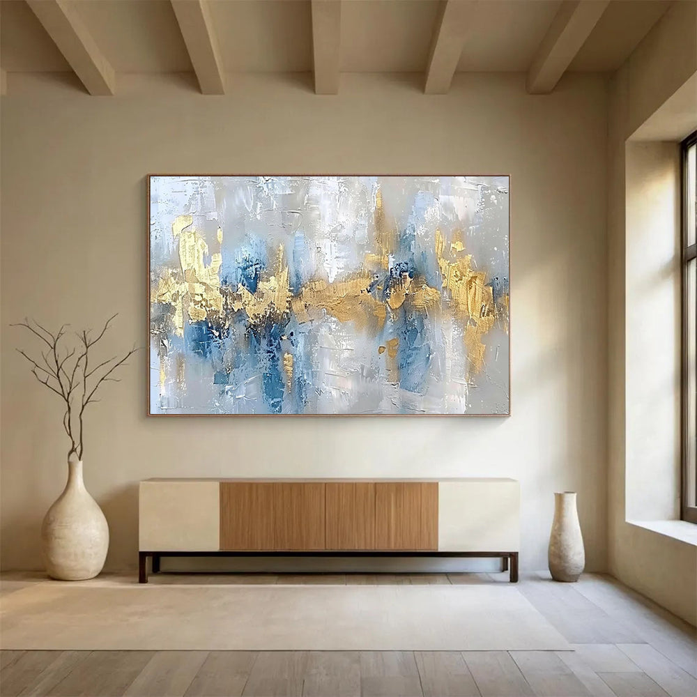 “Blue, Gold, Abstract ‘Coastal Glamour’” - Textured Abstract Painting On Canvas DLZ046