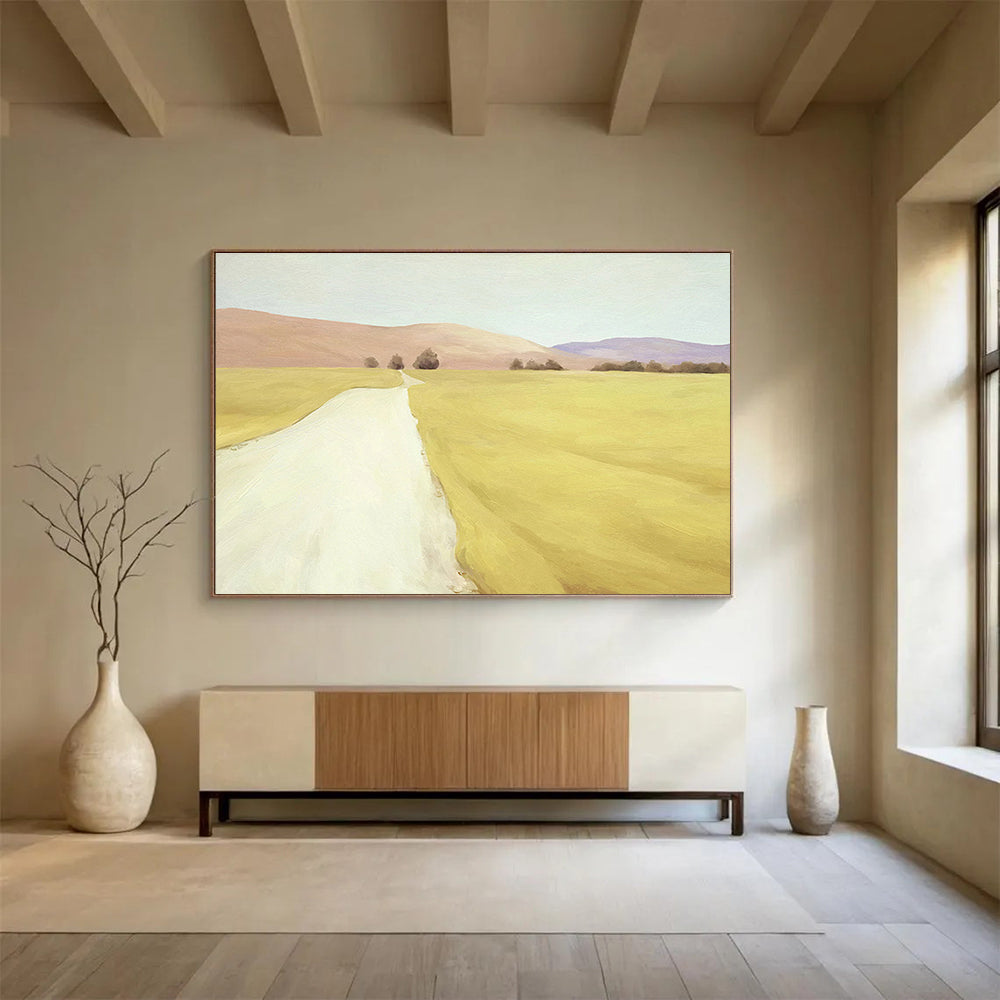 “Golden Path to Distant Hills” - Yellow, Beige, Purple Realistic Landscape Painting On Canvas DKH742