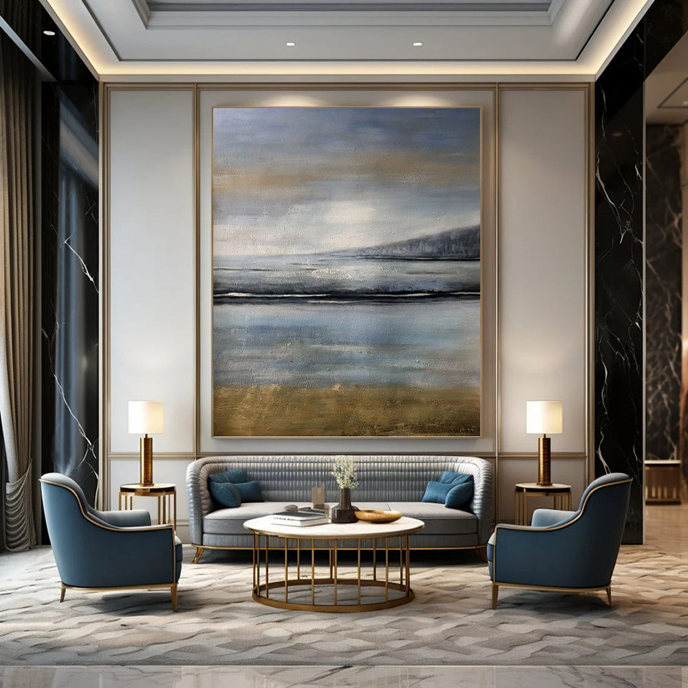 “Misty Coastal Blues” - Blue & Gray Abstract Seaside Landscape Painting On Canvas DKH1576