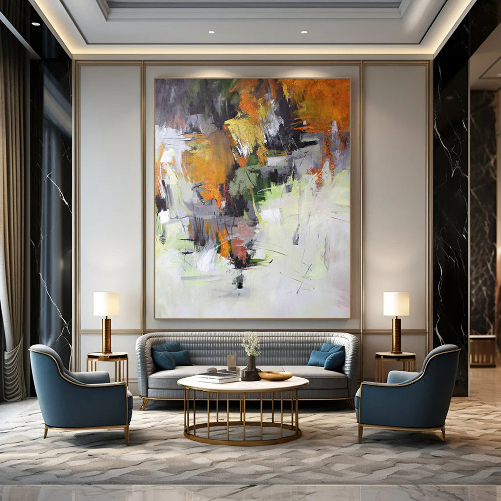 “Autumn - Hued Abstract Landscape” - Orange, Green, Gray & White Seasonal Painting On Canvas DKH1021
