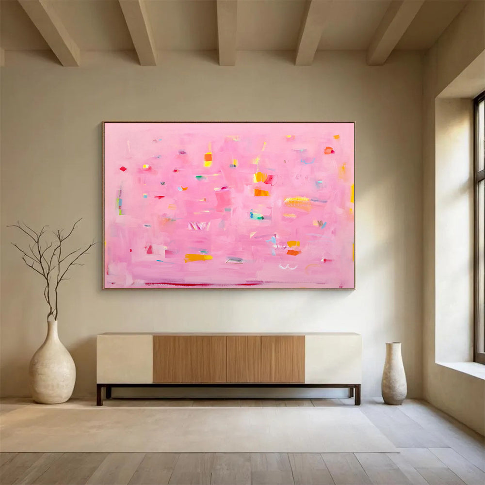 Pink Abstract with Colorful Accents - Playful Shapes and Soft Hues Painting On Canvas DKH051