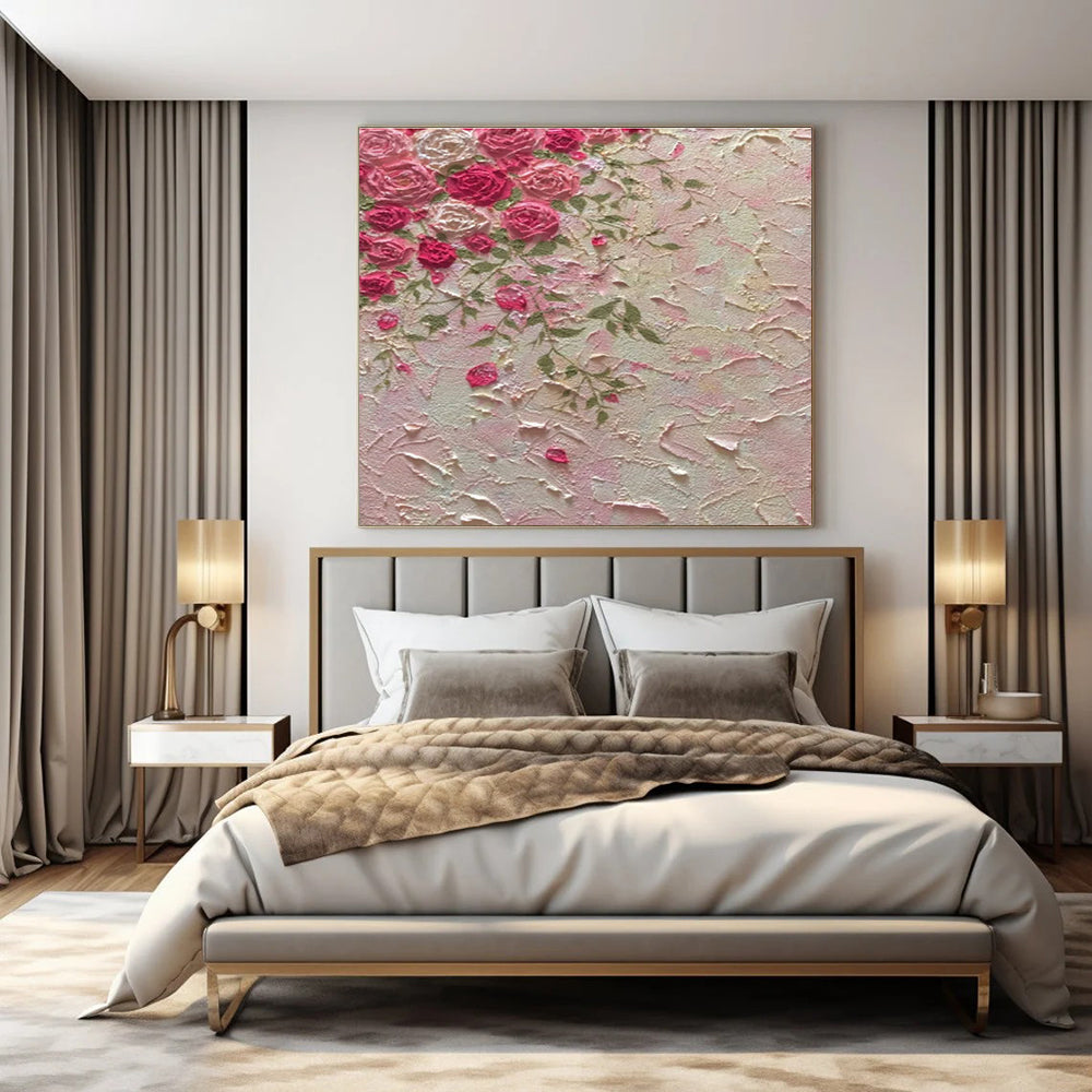 Pink & Green Roses, Textured Background - "Textured Blooms" - Impasto Oil Painting CT1450