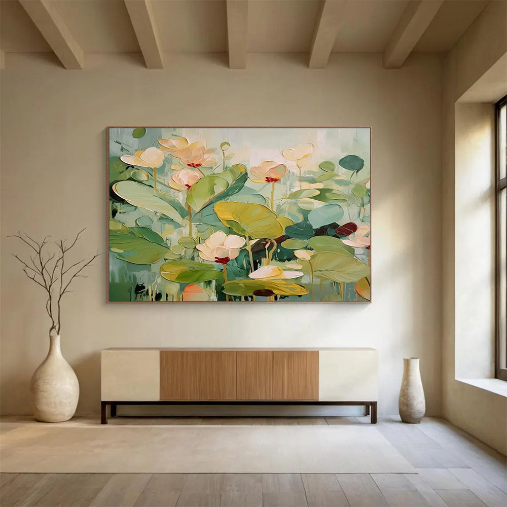 “Soft - Hued Lotus Pond” Pastel Floral Painting On Canvas DLZ089
