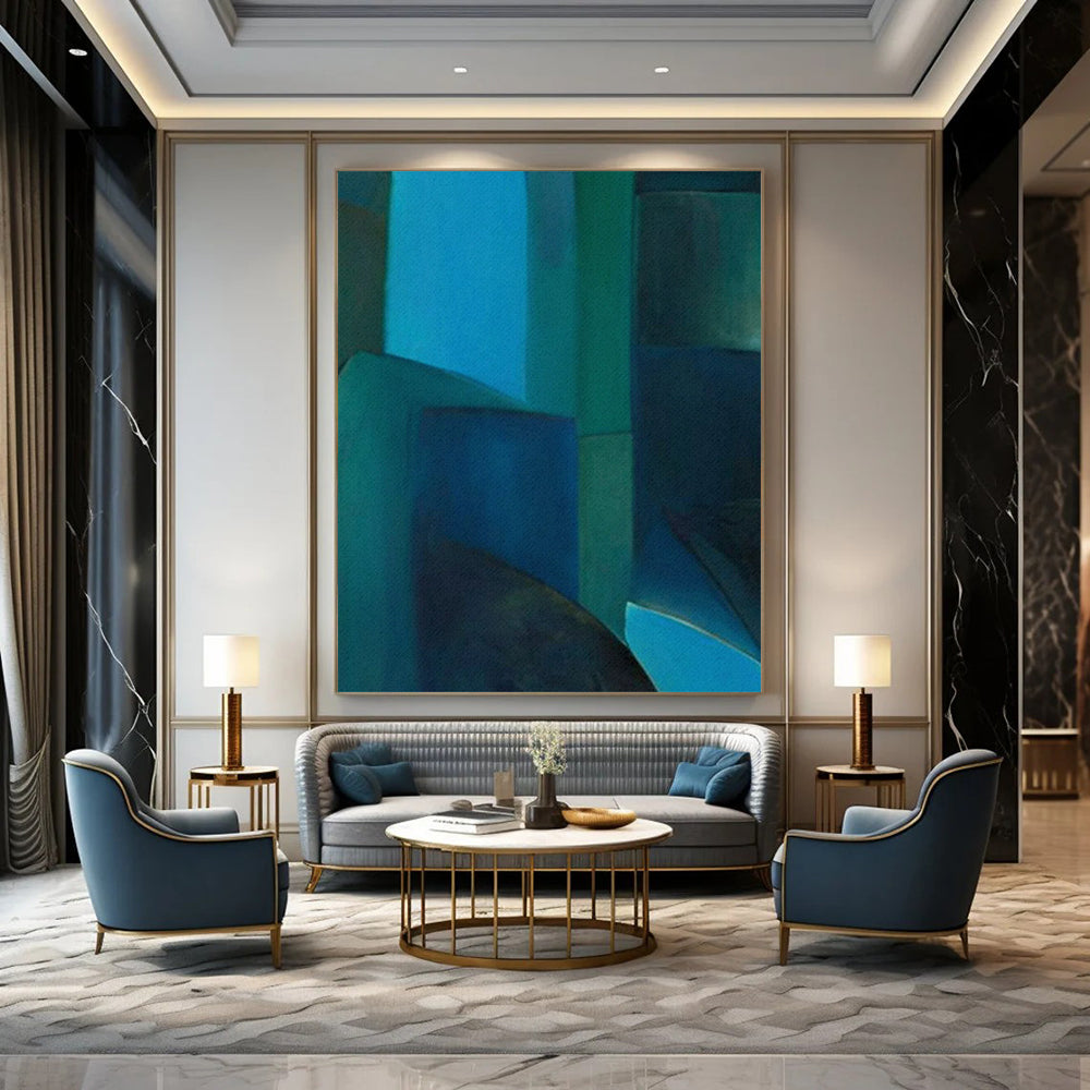 Blue & Green Geometric Abstraction - Cubist - Style Painting On Canvas CT2255