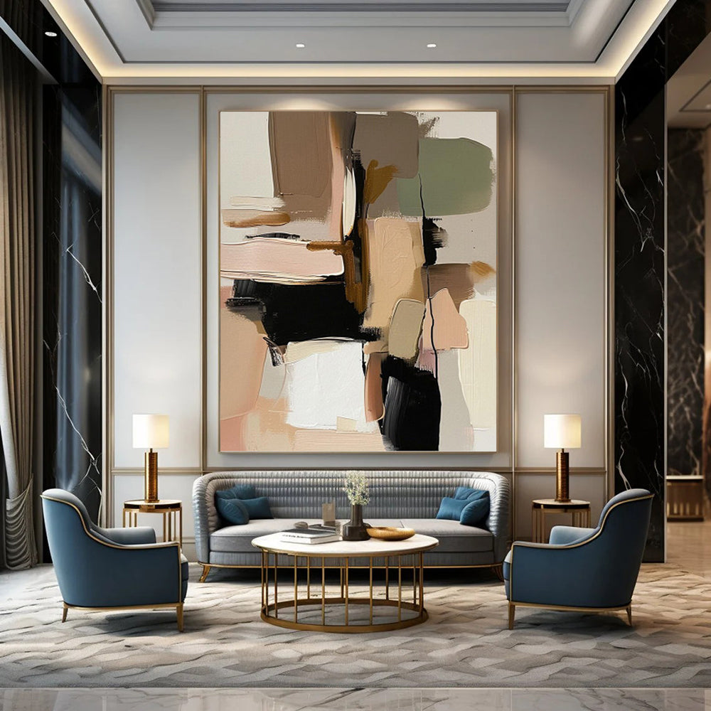 Earth Tones & Black Shapes - Abstract Geometric Painting On Canvas DKH1240