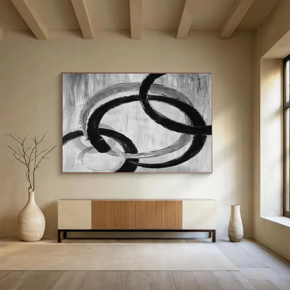 Intertwined Black and Gray Circular Abstract Painting On Canvas DKH175