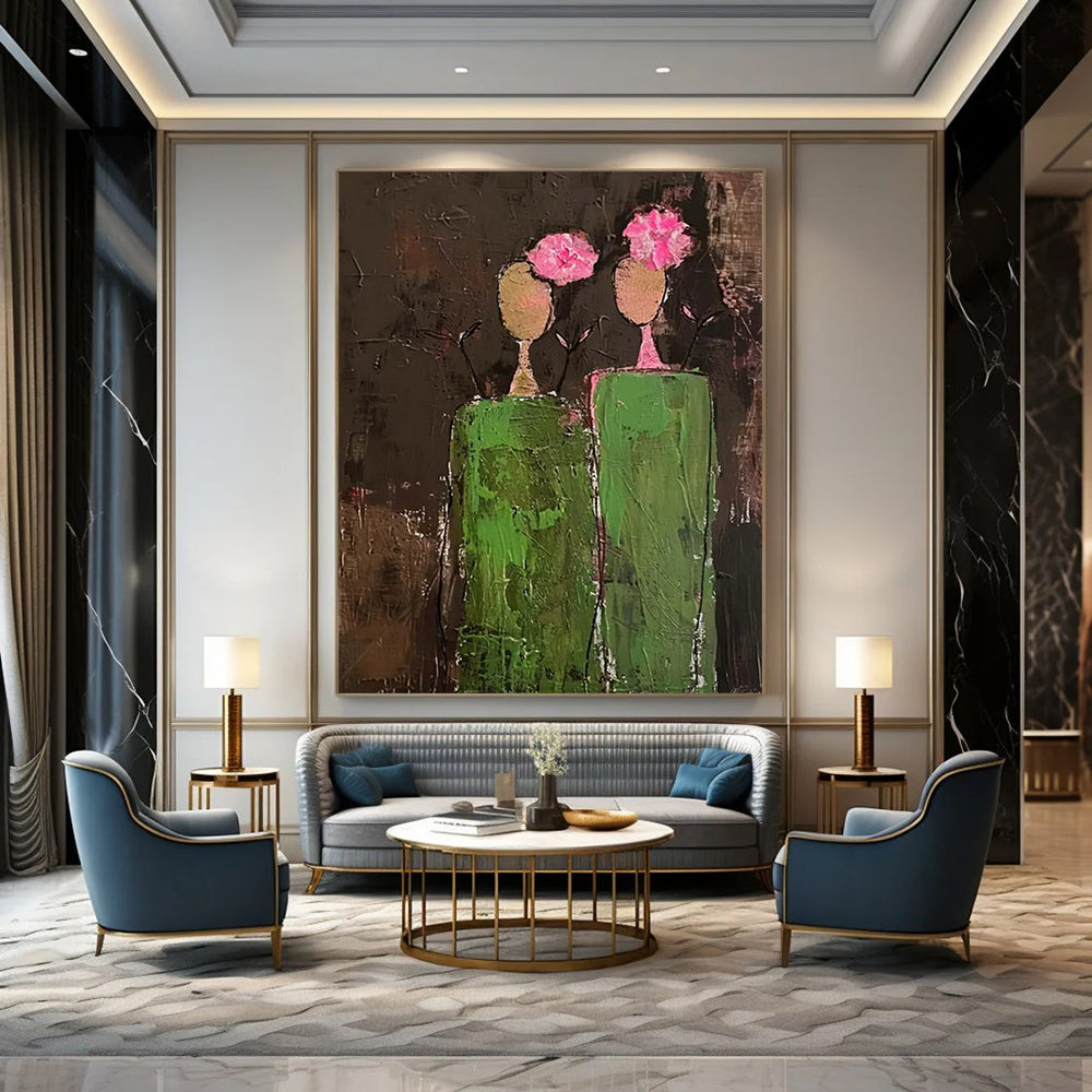 “Pink - Flowered Figure Abstract” - Naive Art - Inspired Painting On Canvas DTP080