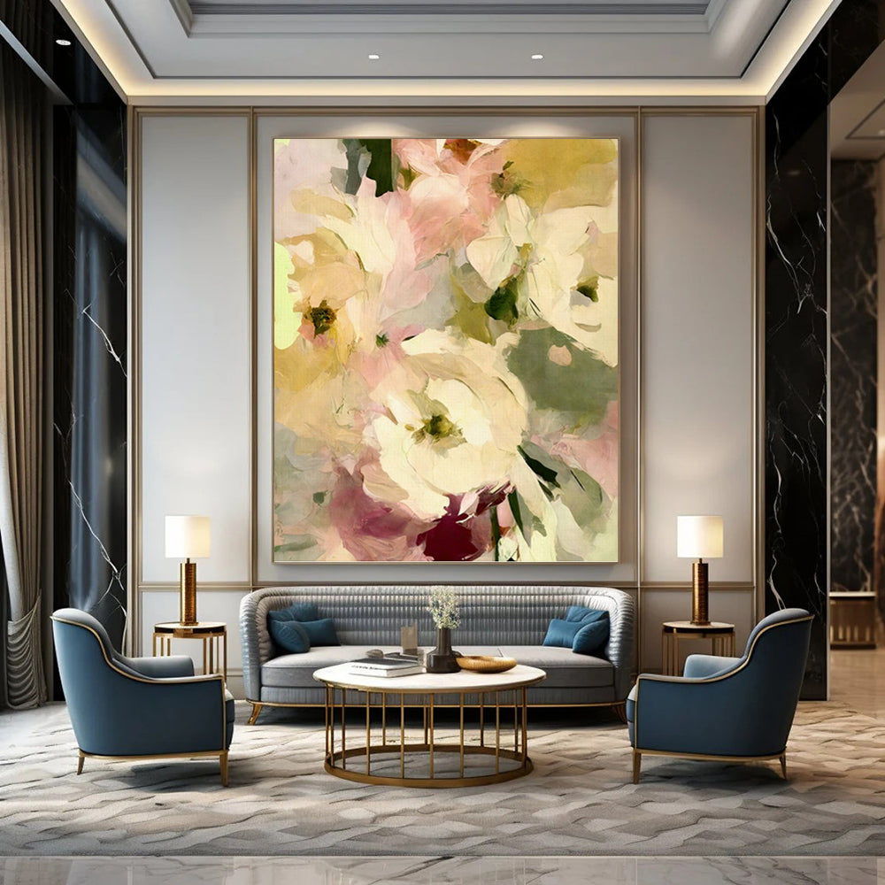 Pale Pink and Yellow Floral Bunch - Delicate Flower Painting On Canvas DKH1354