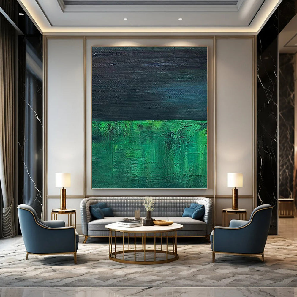 “Dark Green & Blue Layers” - Dark Green & Blue Abstract Minimalist Painting On Canvas DKH1201