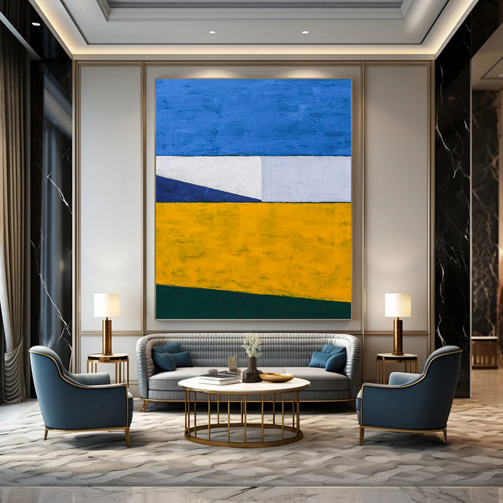 “Blue, Yellow, and Green Color - Blocked Abstract” - Minimalist Geometric Painting On Canvas DKH1096