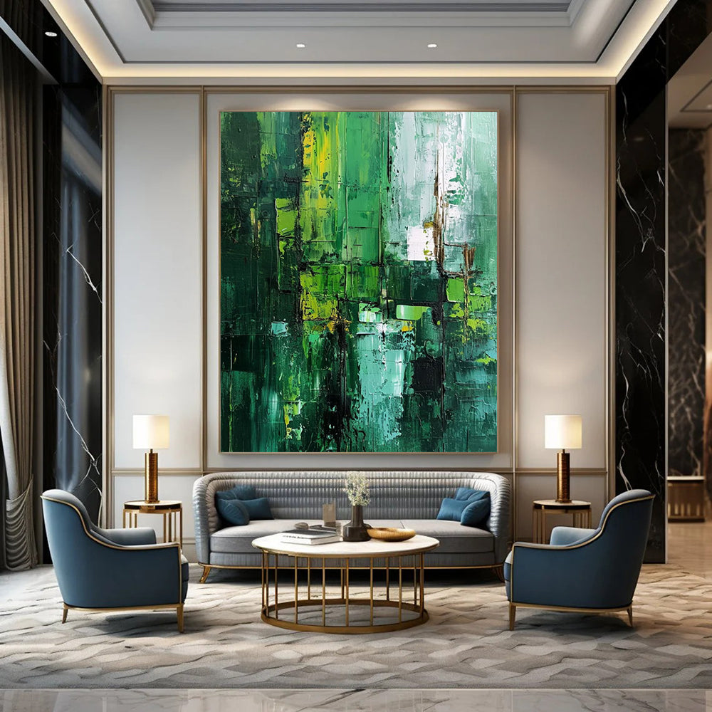 “Vibrant Green Abstract Layers” - Expressionist Textured Painting On Canvas DTP012