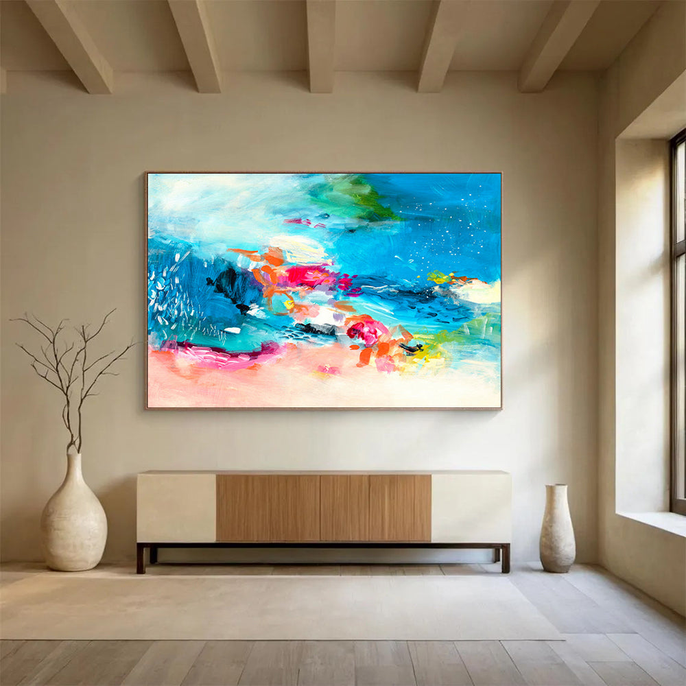 Colorful Abstract Ocean - Blues, Pinks, and Vivid Shapes Painting On Canvas DKH031