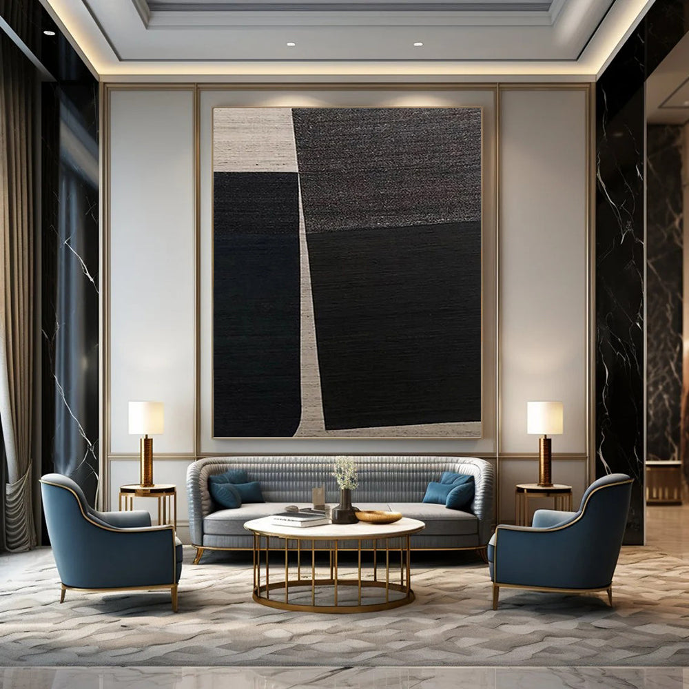 “Black and White Geometric Abstract” - Minimalist Painting On Canvas DKH1114