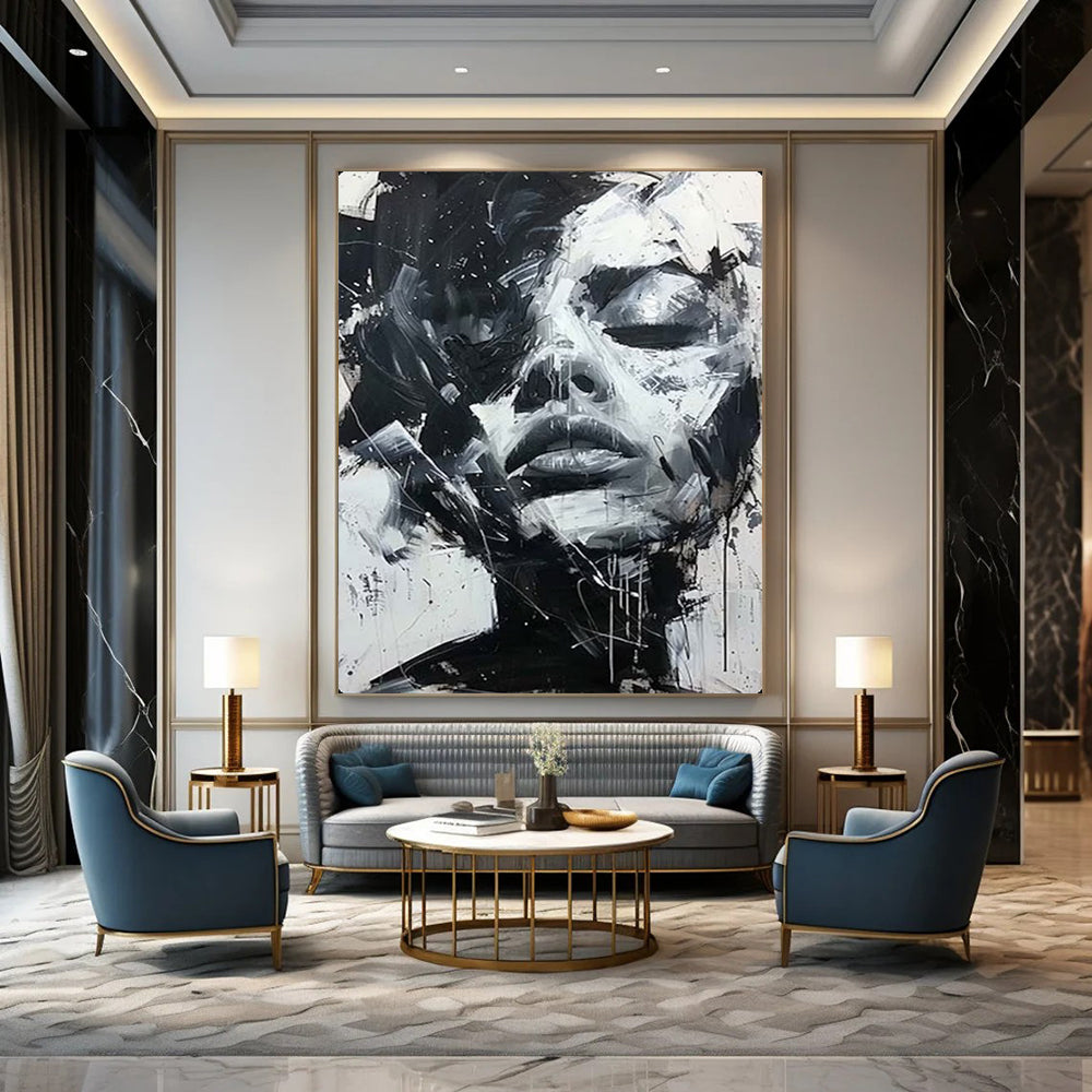 “Dynamic Black - and - White Abstract Face” – Expressive Impasto Portrait Painting On Canvas CT2139