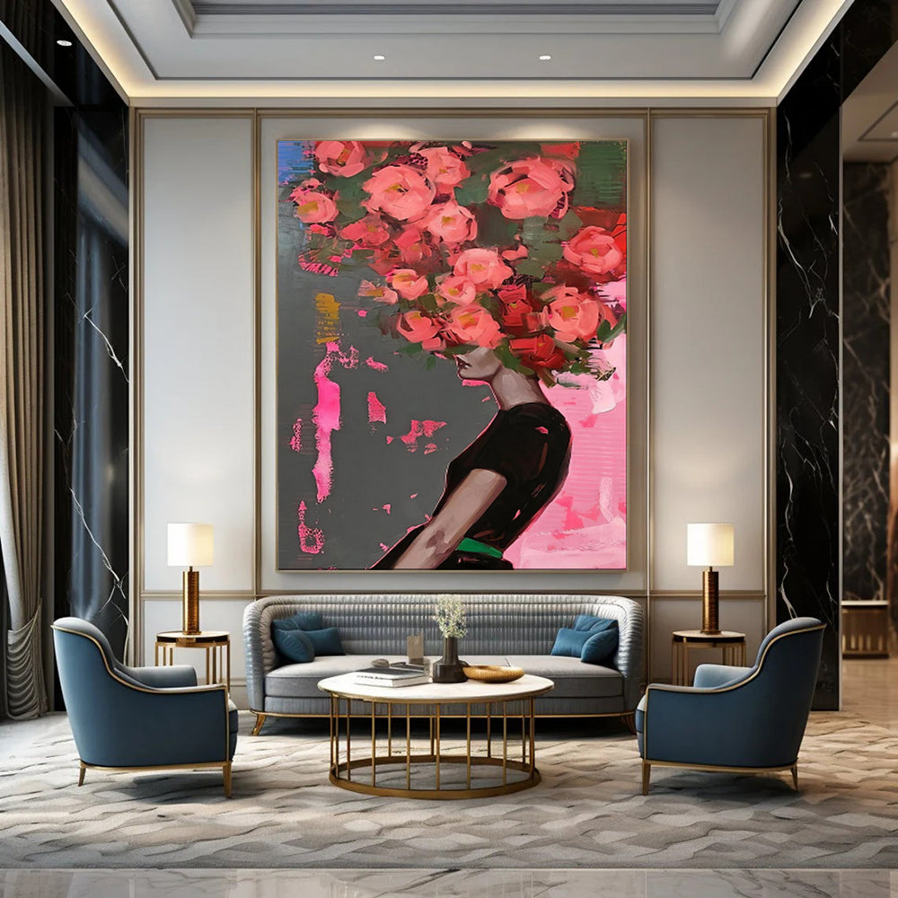 “Pink Flowers on Gray - Pink” - Pop - Surrealist Portrait Art CT1952