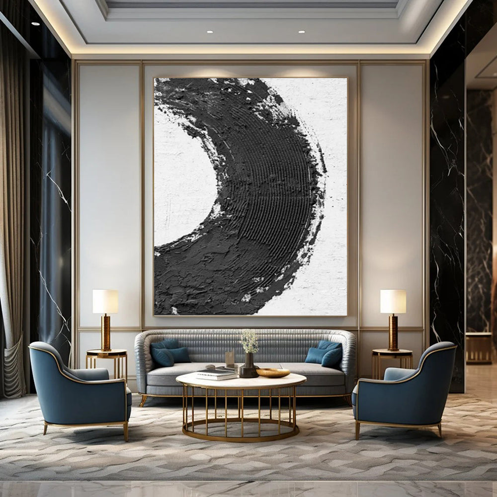 “Bold Black - White Circle” - Minimalist Textured Painting On Canvas DKH1675