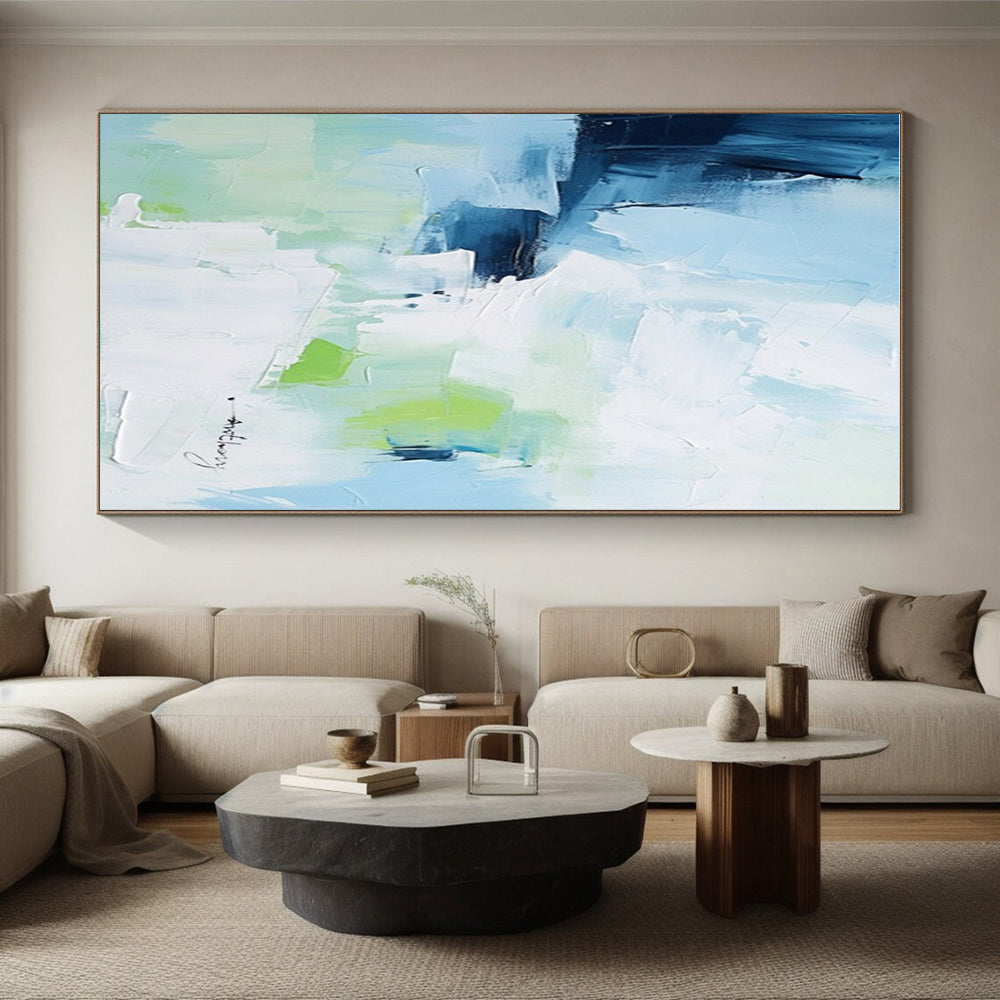 Blue, Green & White Abstract Strokes, “Fresh Breeze” - Impasto Abstract Painting CT0769