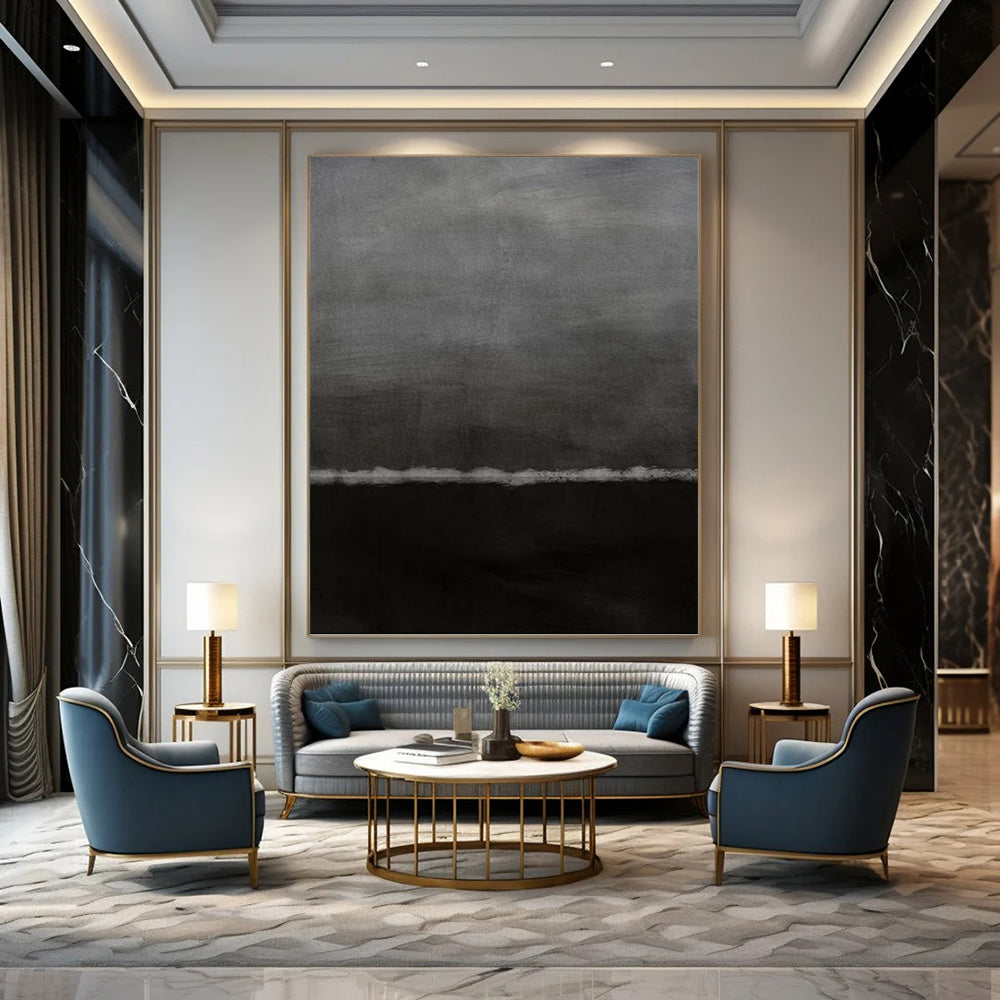 “Black & Gray Minimalist Horizon” - Black & Gray Abstract Minimalist Painting On Canvas DKH1202