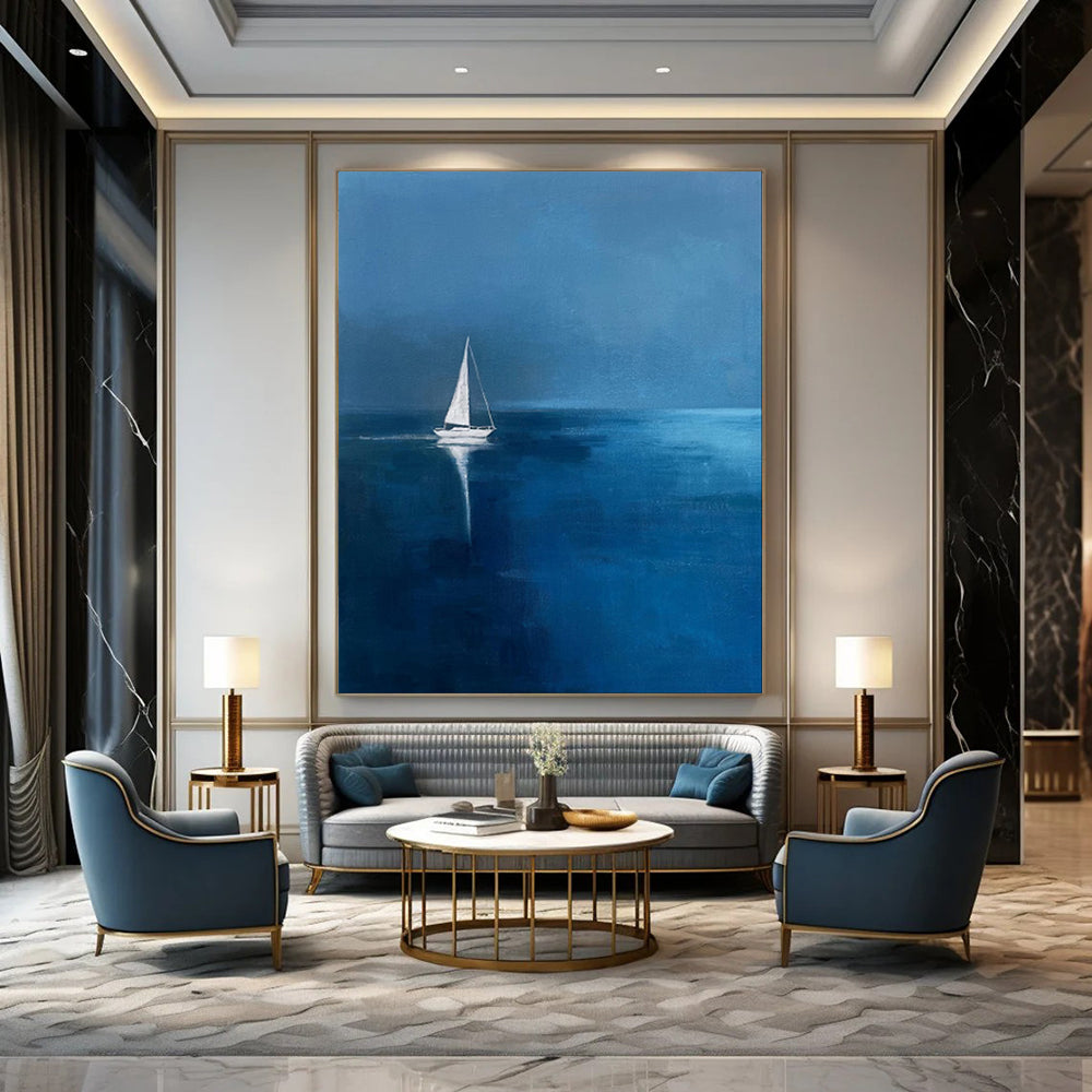 “Midnight Sail: Solitary Boat on Blue” - Minimalist Nautical Oil on Canvas CT1877