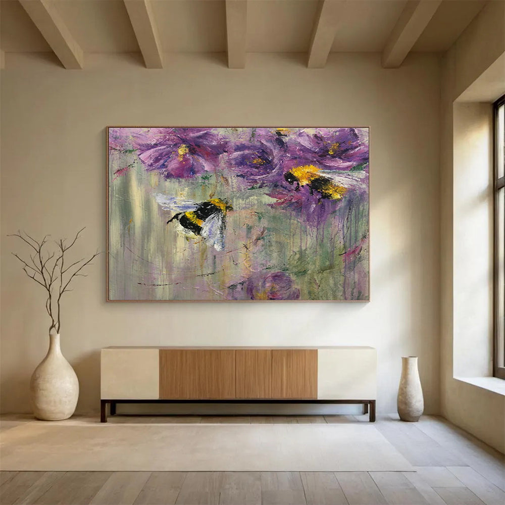 “Buzzy Floral Delight” - Purple, Yellow, Black Bee & Flower Impressionistic Painting On Canvas DKH718
