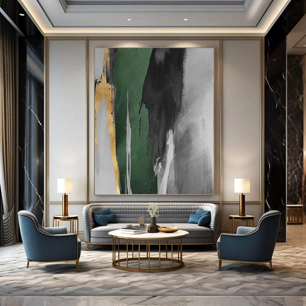 “Gold, Green & Gray Abstract Drips” - Gold, Green, Gray & Black Abstract Painting On Canvas DKH1198