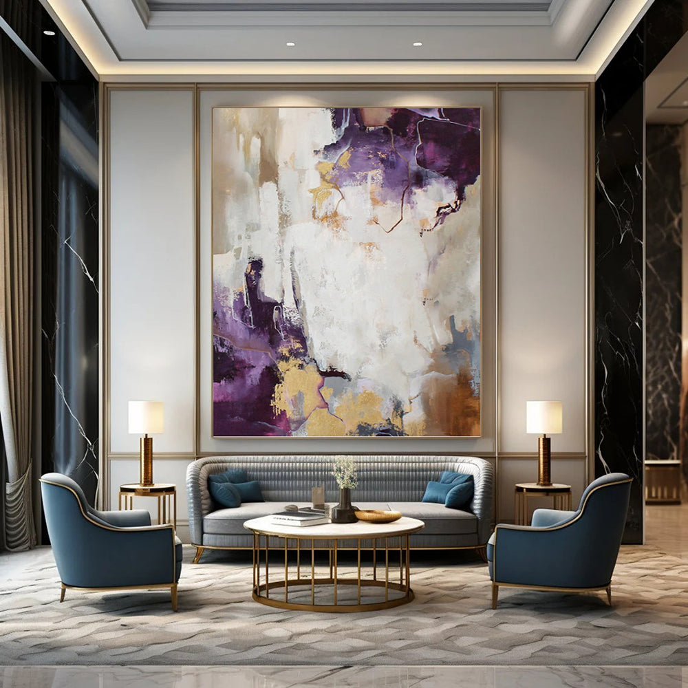 “Purple, Gold & White Abstract” - Purple, Gold & White Opulent Painting On Canvas DKH1009