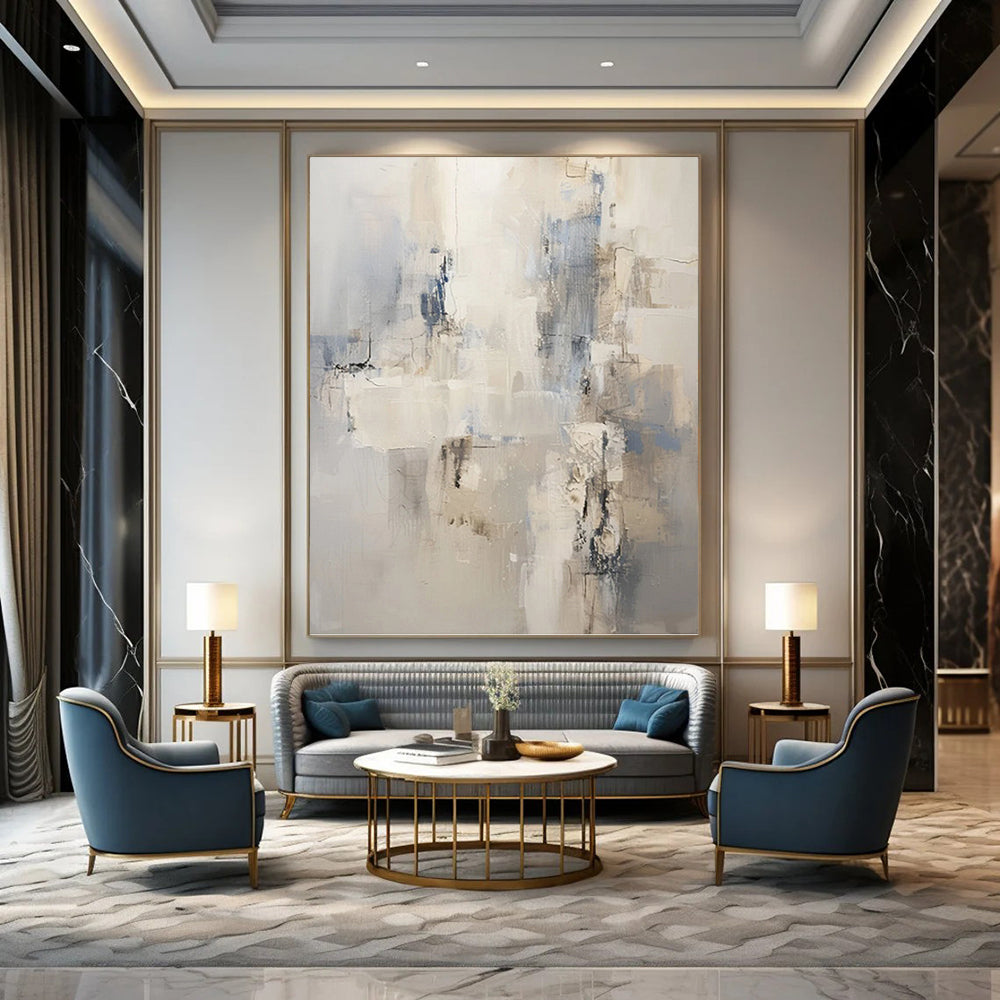 Neutral & Blue Abstract Forms - Abstract Composition Painting On Canvas DKH1249