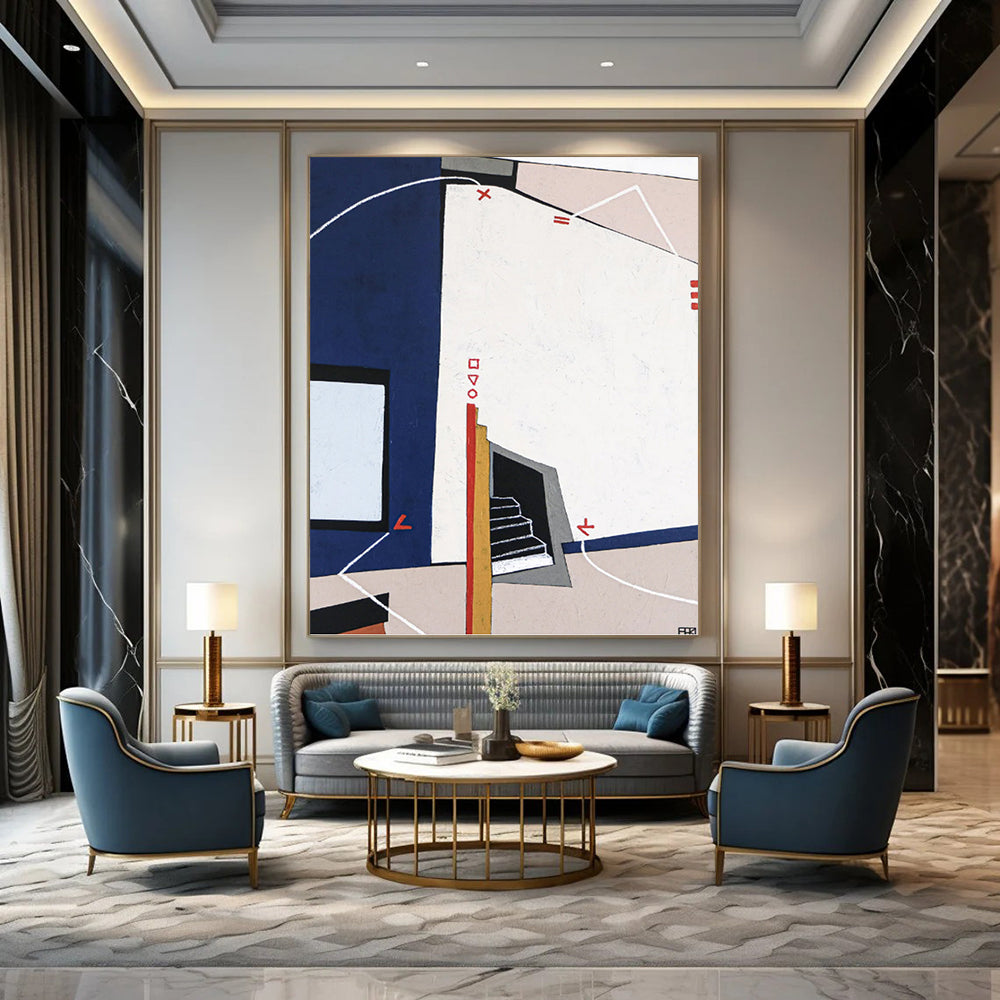 “Geometric Abstract with Blue, White, and Red Elements” - Architectural - Inspired Painting On Canvas DKH1106