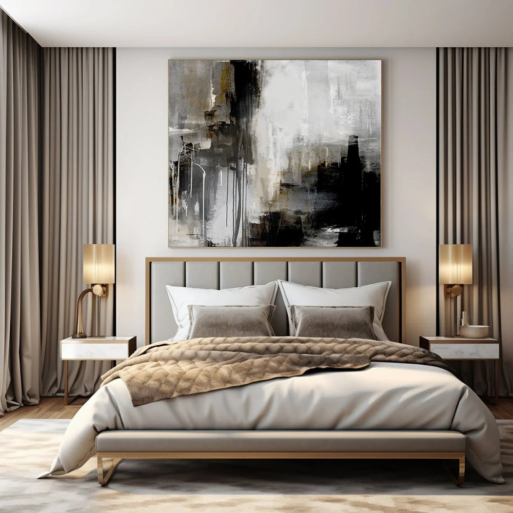 “Gray - Black - Gold Abstract Drips” – Abstract Expressionist Painting CT1156
