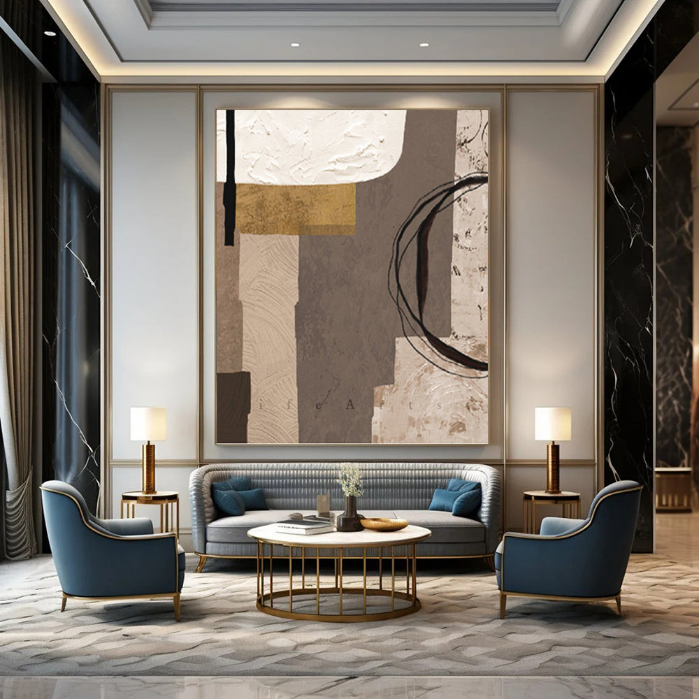 “Neutral Collage” - Brown, Gray & Gold Geometric Shapes Painting On Canvas DKH1516