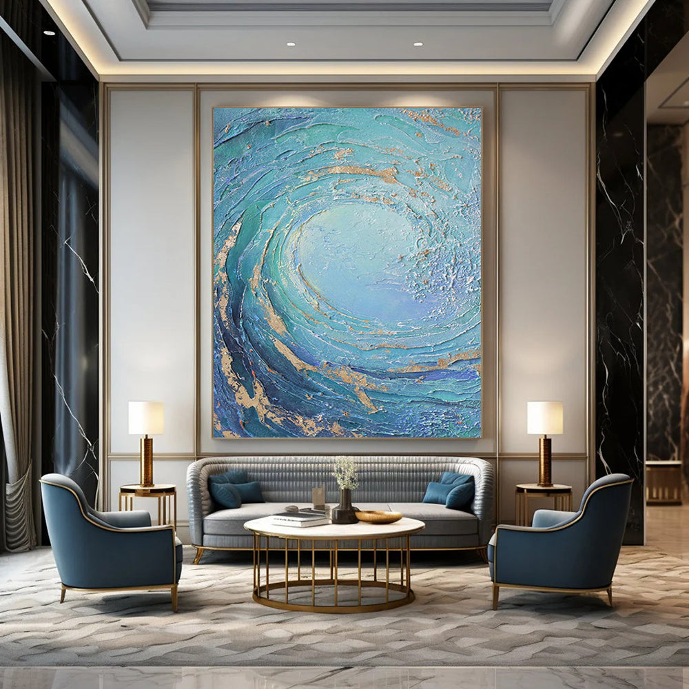 “Blue, Green, Gold Swirling Vortex ‘Oceanic Energy’” - Impasto Sea - Inspired Painting On Canvas DTP332