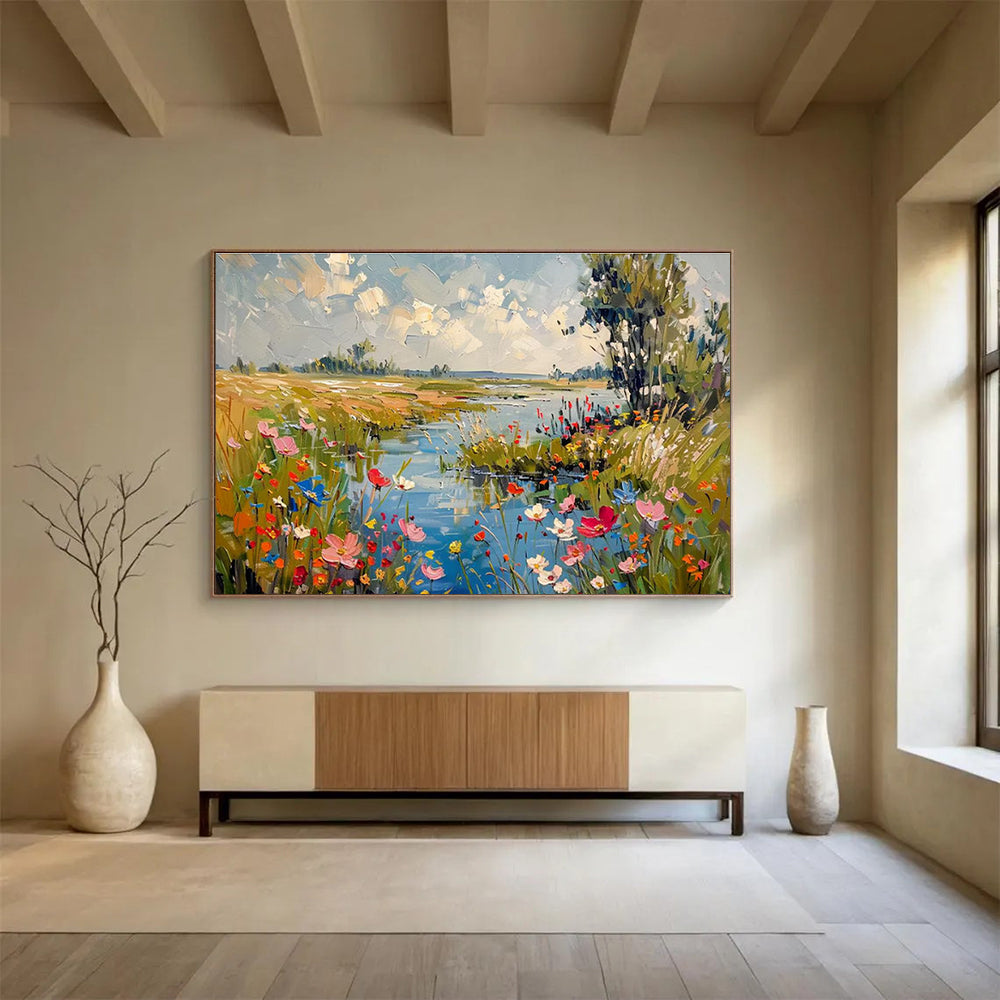 “Riverside Wildflower Meadow” - Impasto Scenery Painting On Canvas DKH833