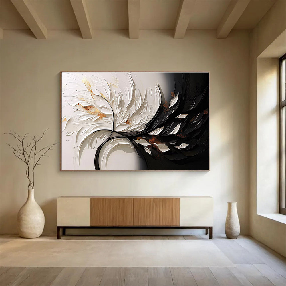 “3D White & Black Floral Burst” - White, Black, Gold Textured Floral Painting On Canvas DKH746