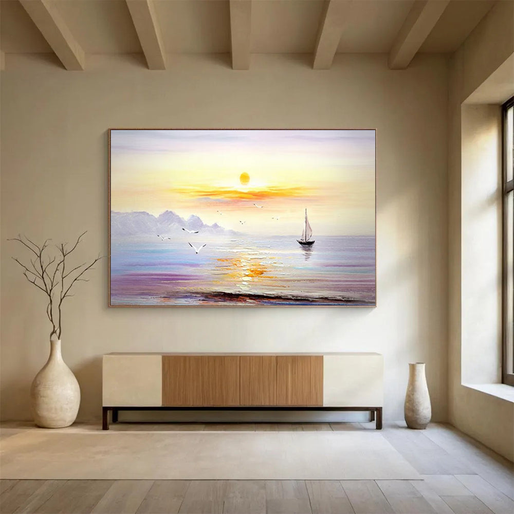Sunset Sea Sailboat - Impressionist Seascape Painting On Canvas DLZ181