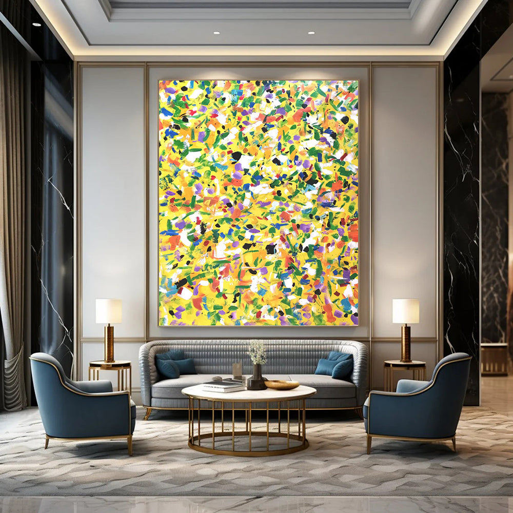 “Yellow Joy” - Bright Yellow Multicolor Abstract Drip Painting On Canvas DKH1571