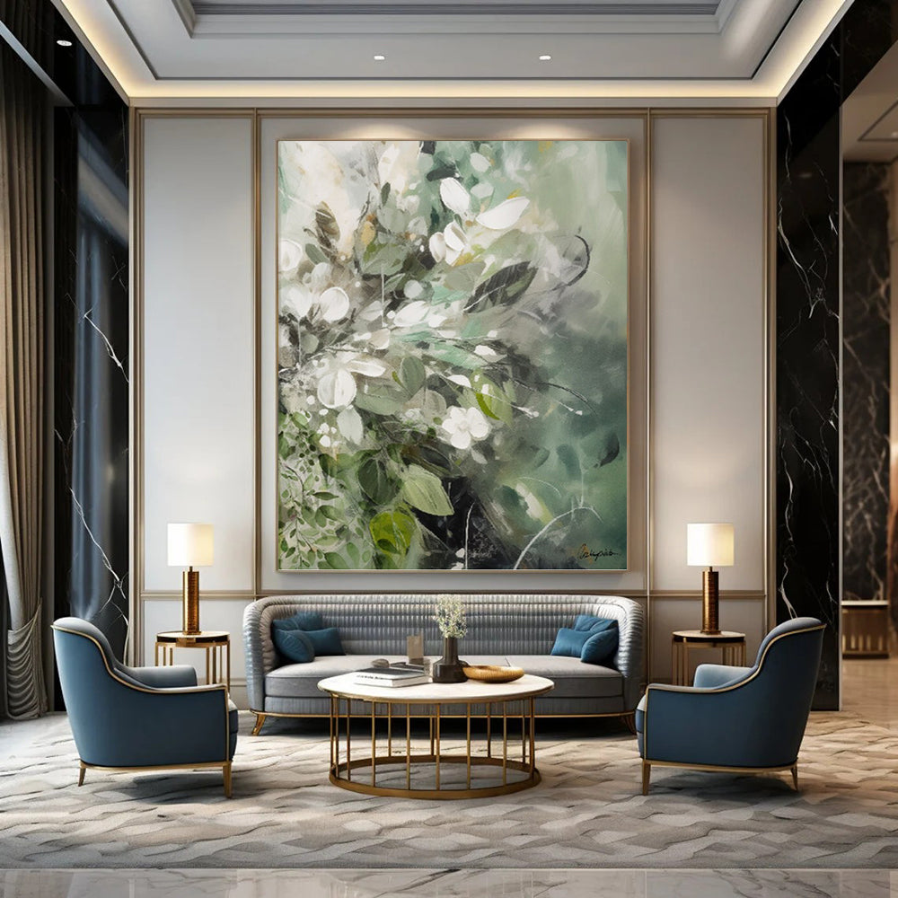 “Green - Toned Floral Abstraction” - Soft Flower Bouquet Painting On Canvas DKH1086