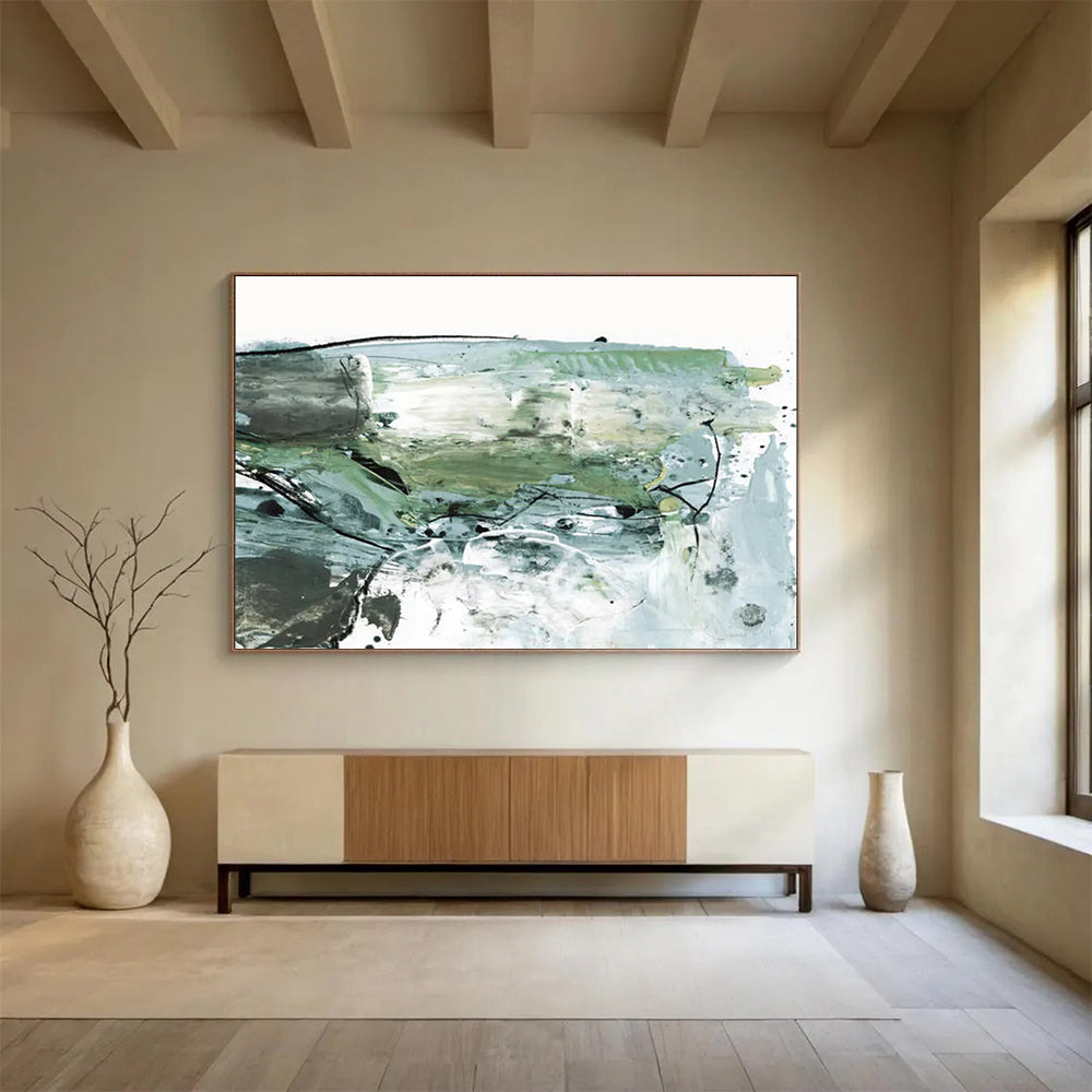 “Earthy Green and Blue Abstract” Mixed - media Abstract Painting On Canvas DLZ139