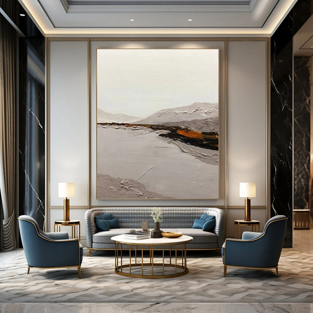 “Gray, Orange Textured Landscape ‘Misty Valley’” - Impasto Landscape Painting On Canvas DTP401