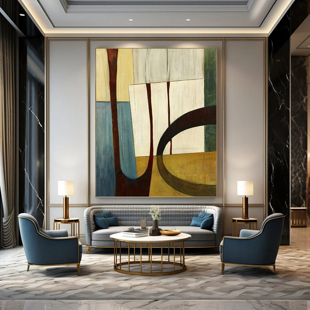 “Geometric Shapes in Earth Tones” - Brown, Beige & Blue Cubist - Inspired Painting On Canvas DKH0949