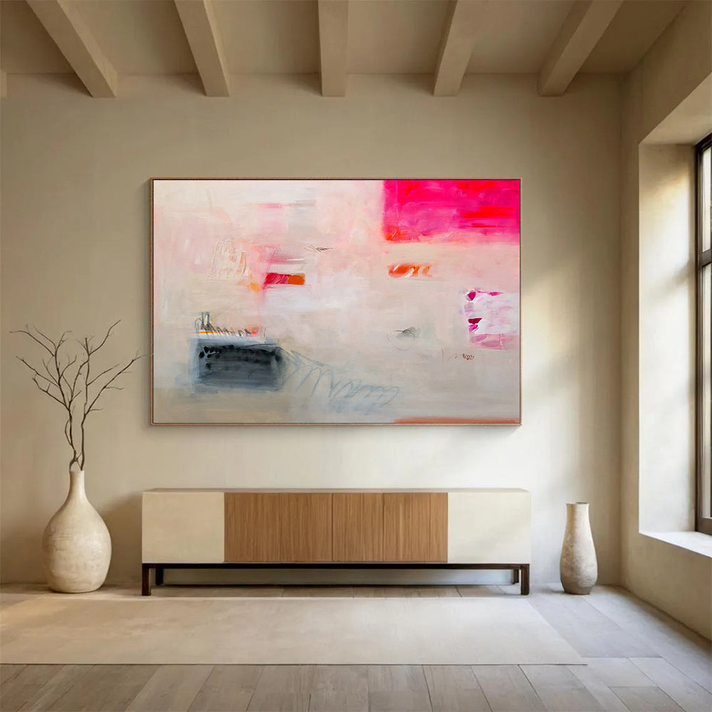 “Ethereal Pink and Beige Abstract - Gentle Shapes and Marks” Painting On Canvas DKH025