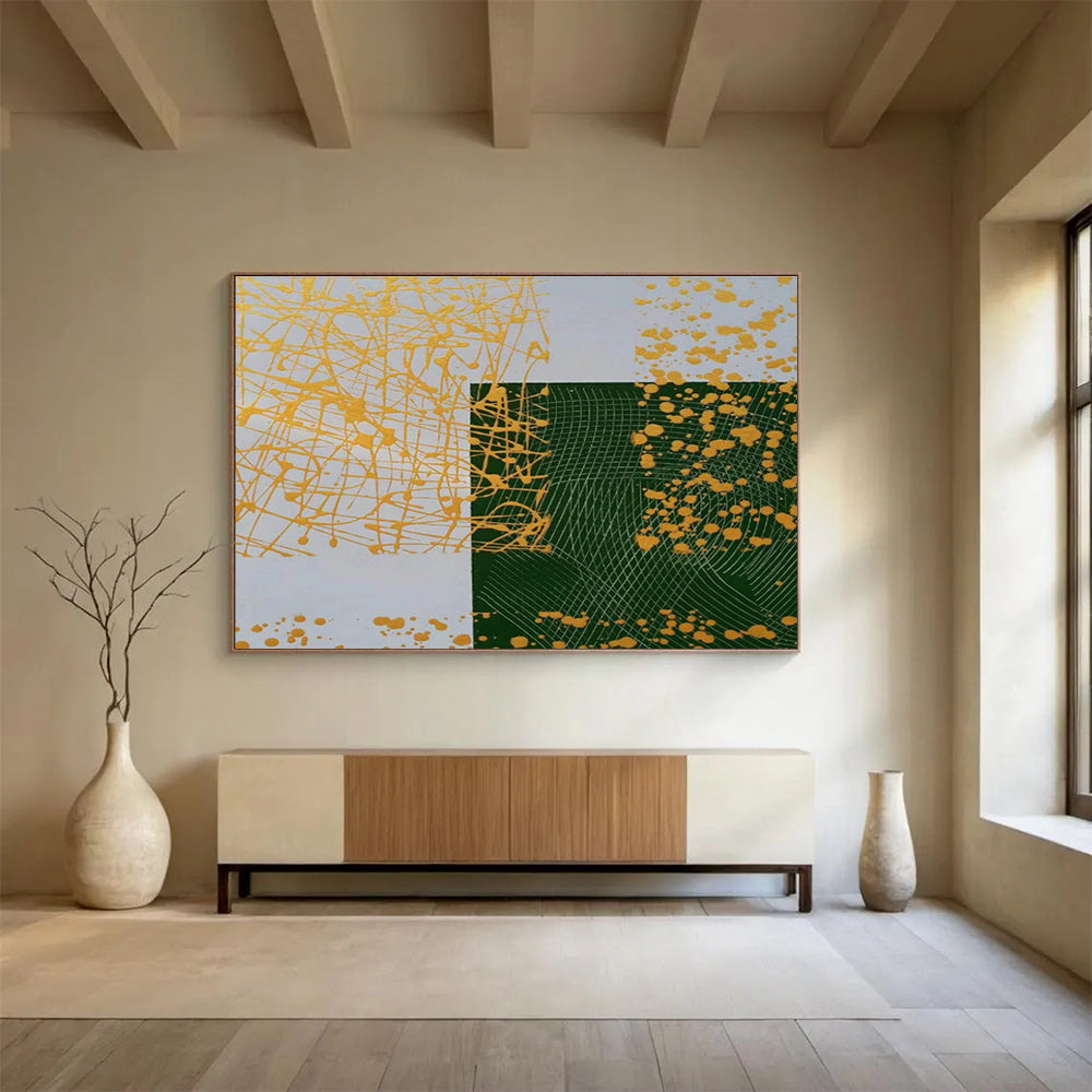 Geometric Gold and Green Abstract Painting On Canvas DKH307
