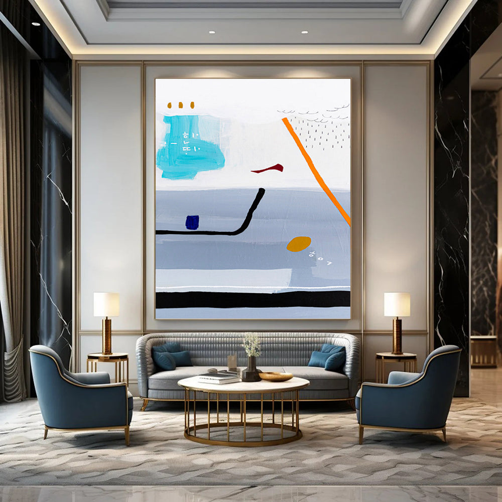 “Light Blue and Gray Abstract with Orange and Red Details” - Playful Abstract Painting On Canvas DKH1098