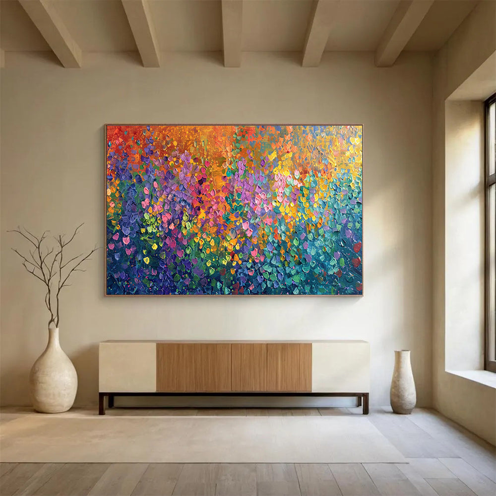 “Rainbow Confetti Burst” - Multicolor, Dotted Abstract Expressionist Painting On Canvas DKH702