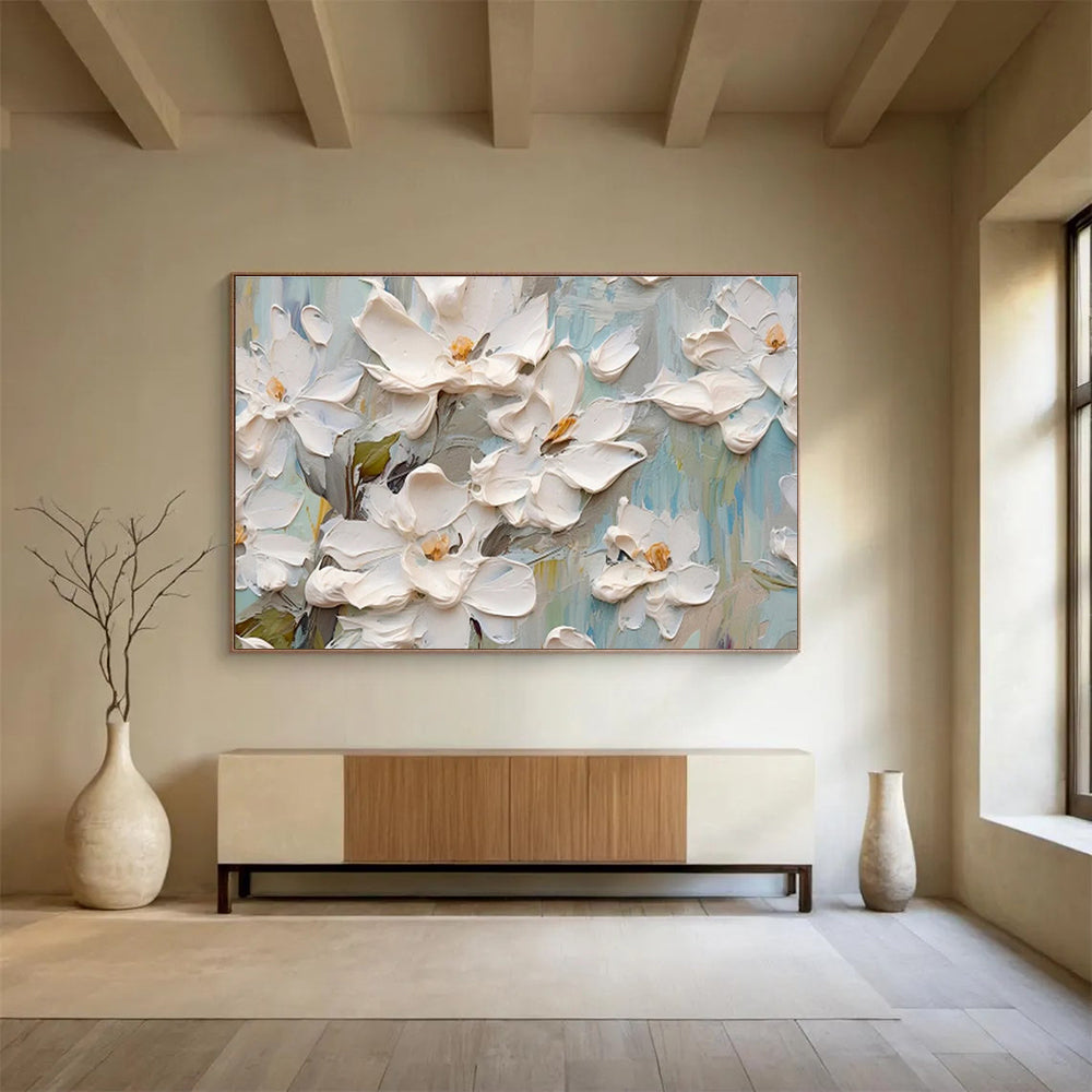 Textured White Floral Painting On Canvas DKH686