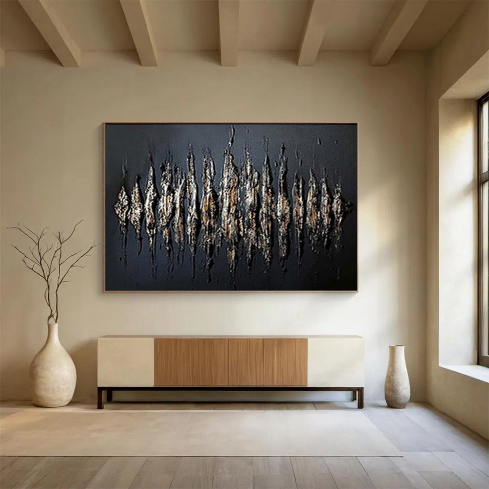 Textured Black and Gold Abstract “Gilded Textured Drama” Painting On Canvas DKH097