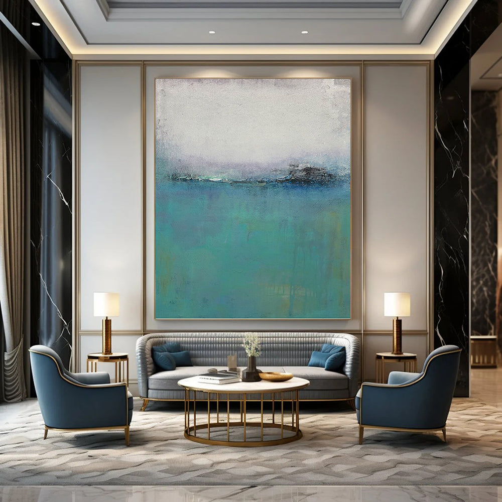 “Misty Blue Horizons” - Blue, Teal & Gray Abstract Landscape Painting On Canvas DKH1197