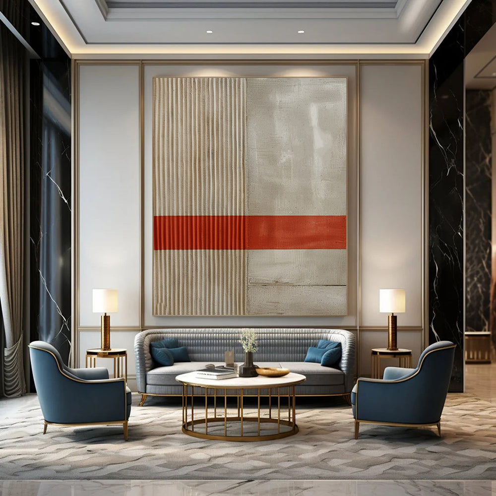 “Beige - Gray with Red Stripe” - Minimalist Textured Painting On Canvas DTP007