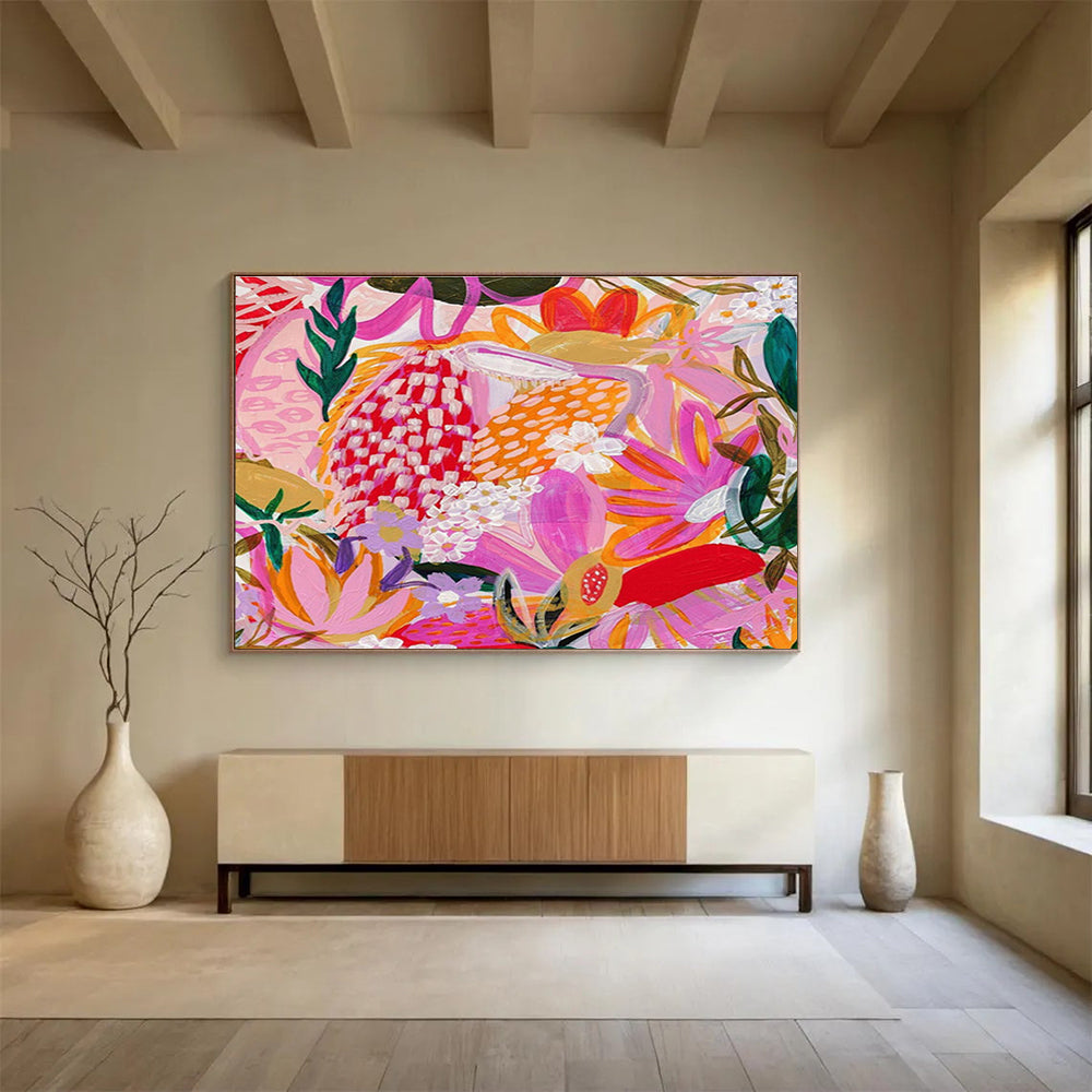 “Tropical Floral Fiesta” - Pink, Purple, Orange Exotic Floral Folk - Art Inspired Painting On Canvas DKH708